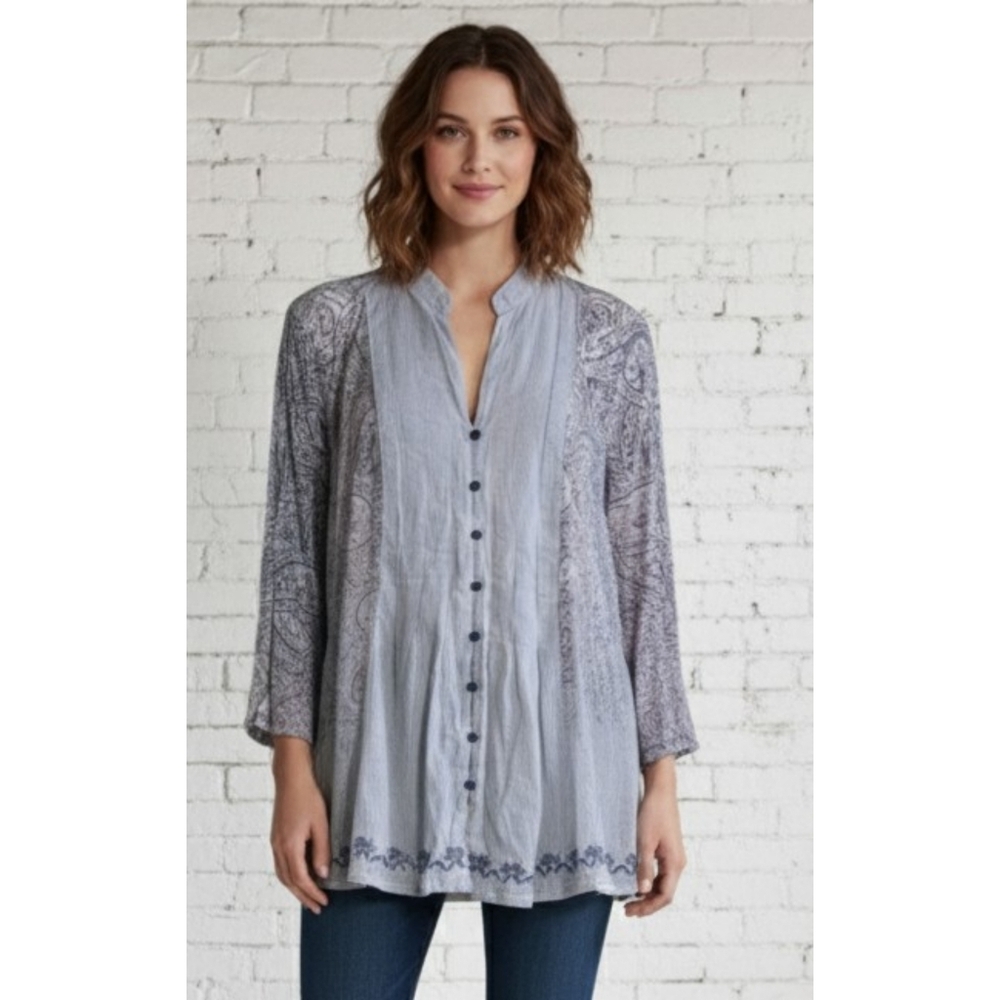 Coldwater Creek Mixed Media Split Neck Button Up Top Blue Size 3X